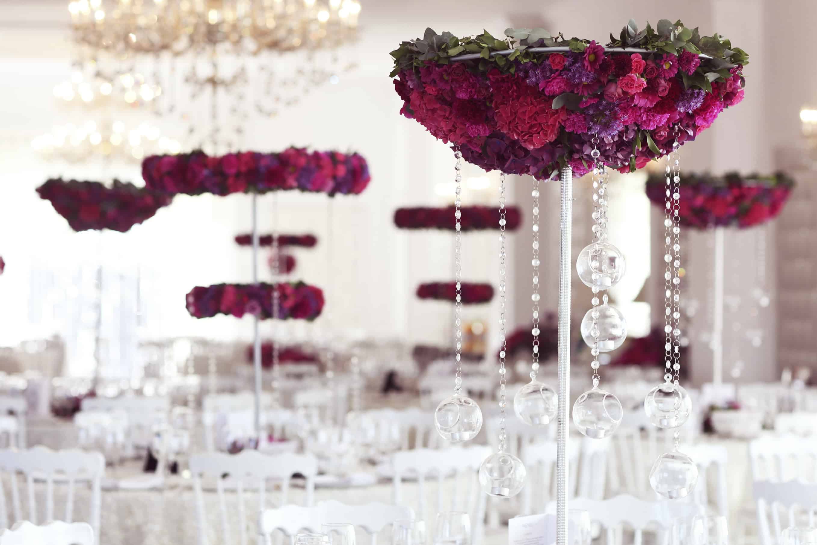 Beautiful flowers on wedding table decoration arrangement